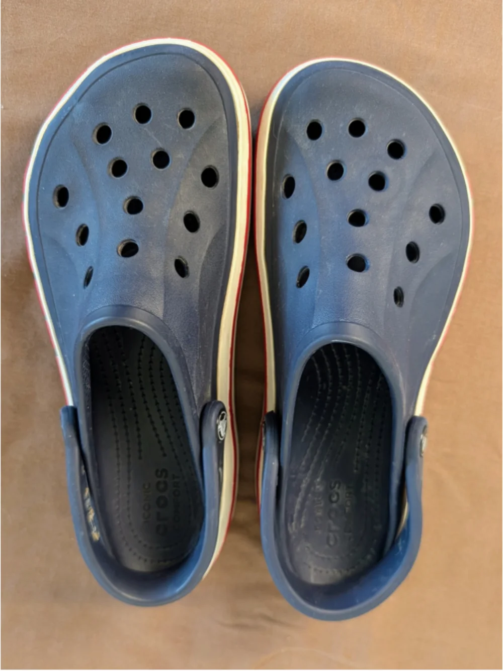 Crocs Bayaband Clogs Navy Blue Red and White Comfort Shoes Men's 8 Women's 10